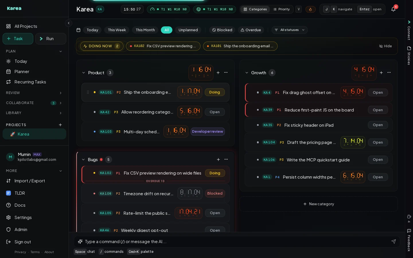 A Karea project board: tasks grouped into categories, with deadline filters and the Doing now strip