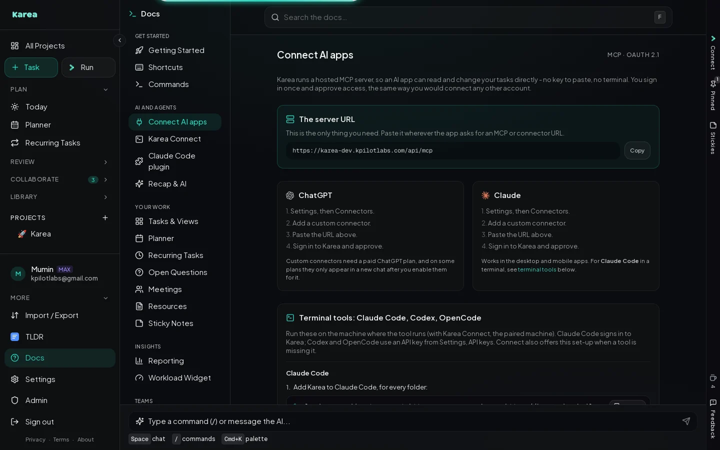 The Connect AI apps page in Karea Docs with the MCP server URL and the steps for ChatGPT and Claude