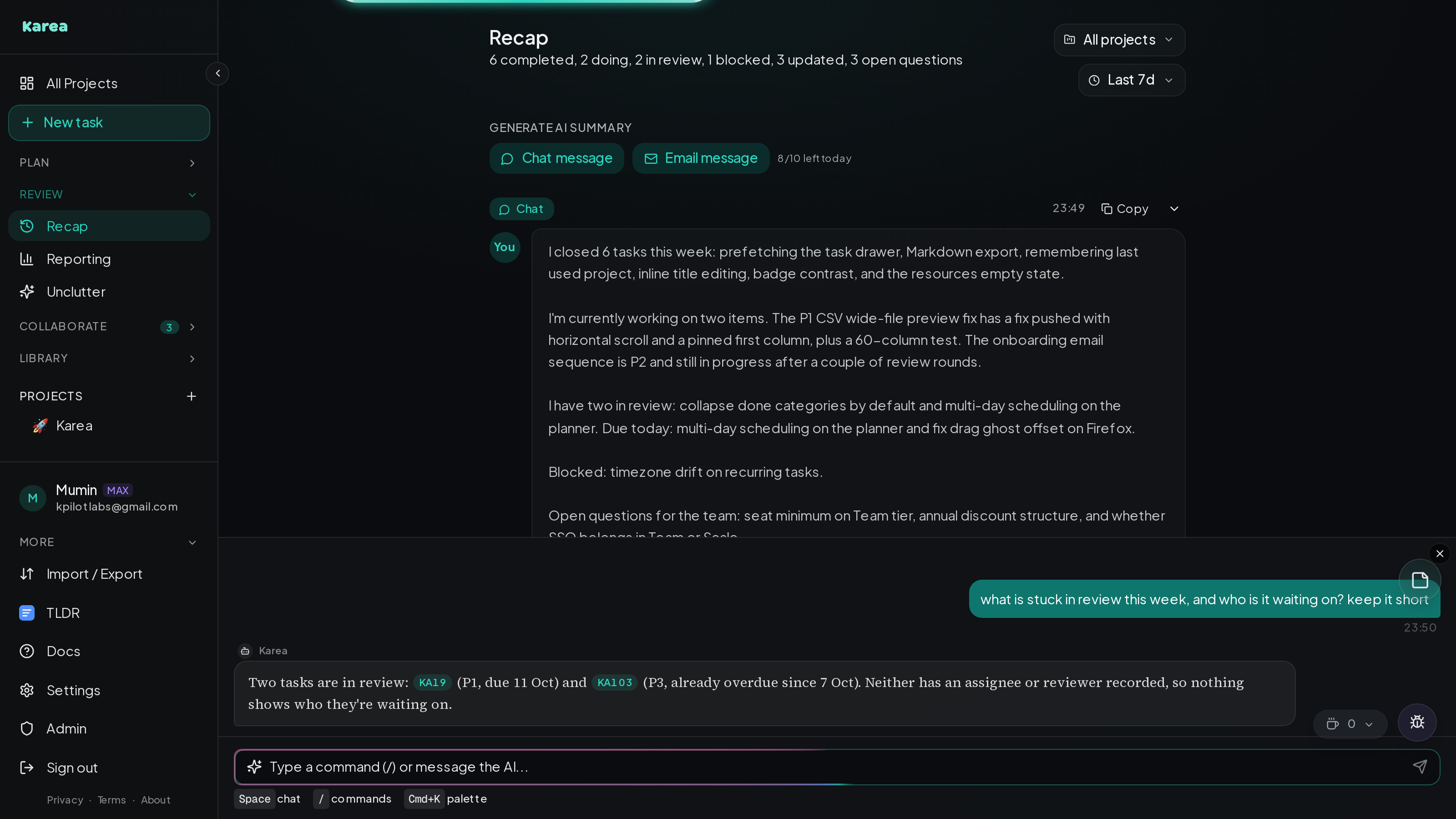 Karea screenshot: AI assistant & recaps