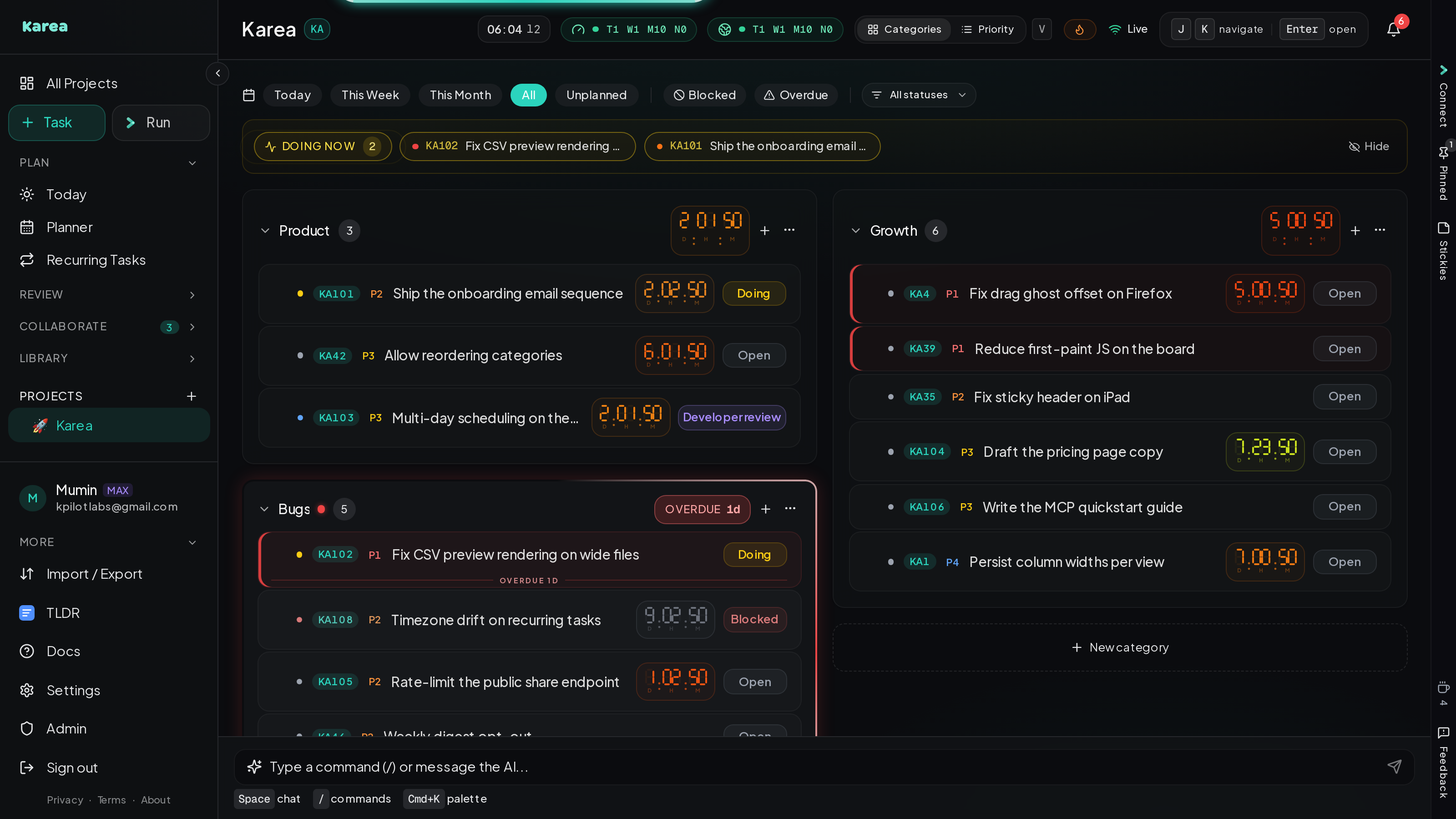Karea dashboard with projects, tasks and the AI command bar